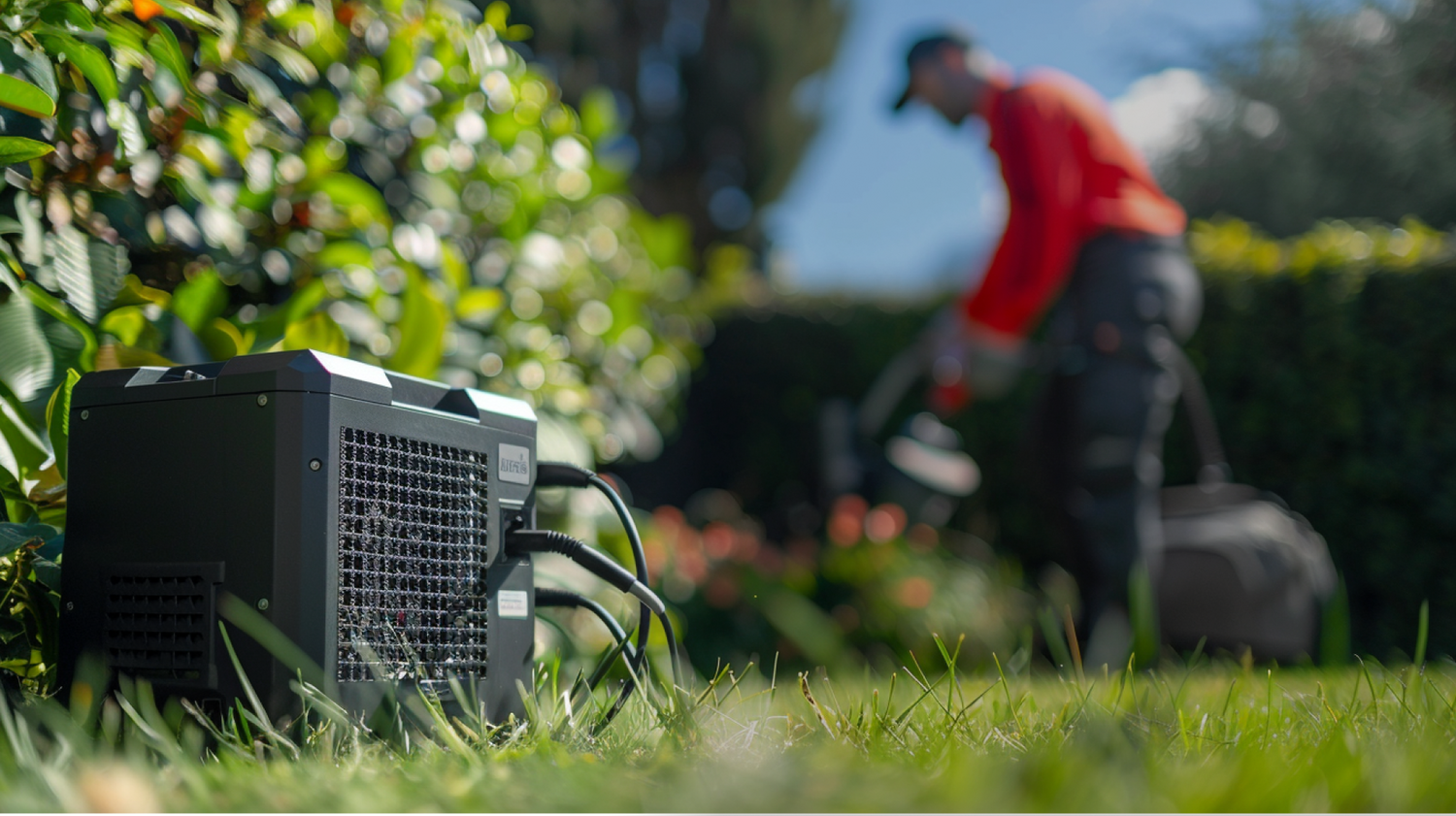 Portable Power Station sits in the on a lawn while a person in the background uses a connected power tool to garden