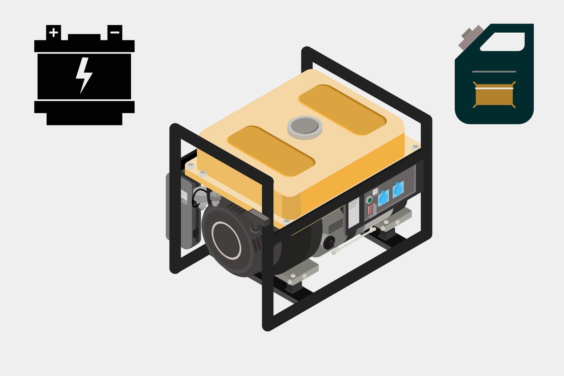 Illustration of a traditional generator in the centre with a battery symbol to the right and a fuel can symbol to the left 