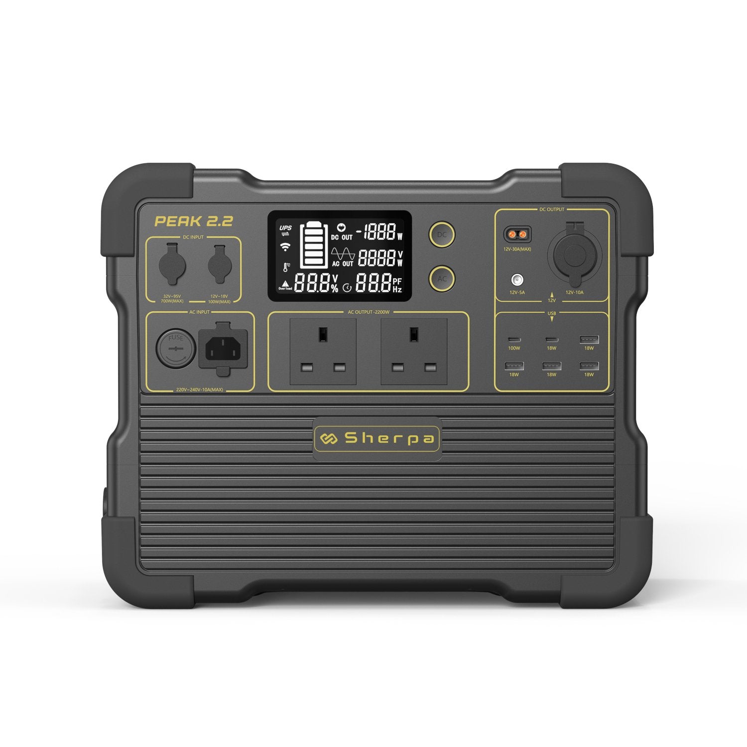 Front view of all-in-one portable power unit, featuring AC output sockets, USB and DC outputs and solar, mains charging ports