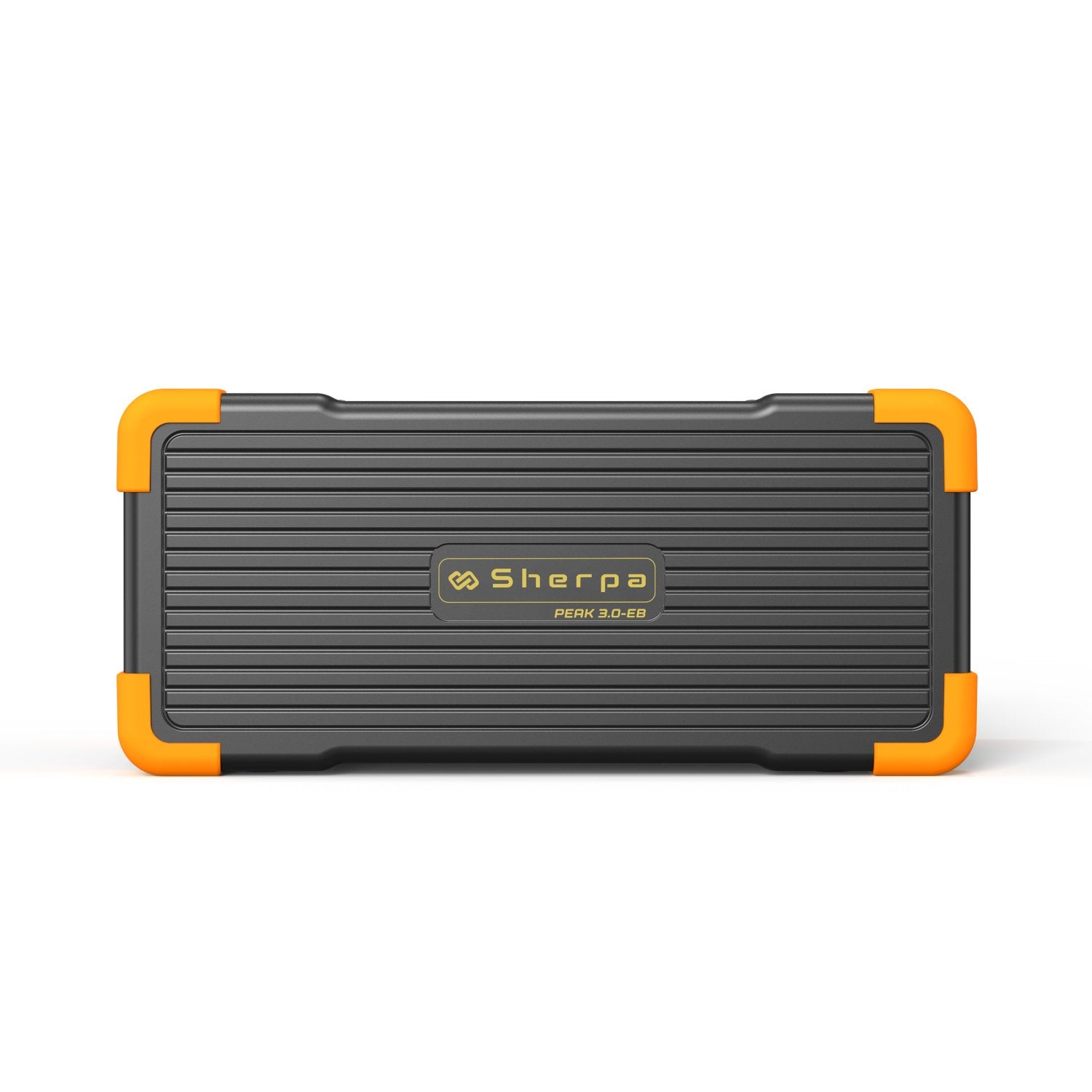 Front view of solar battery expansion unit, featuring tough casing, hi-viz corner protectors and Sherpa logo in gold