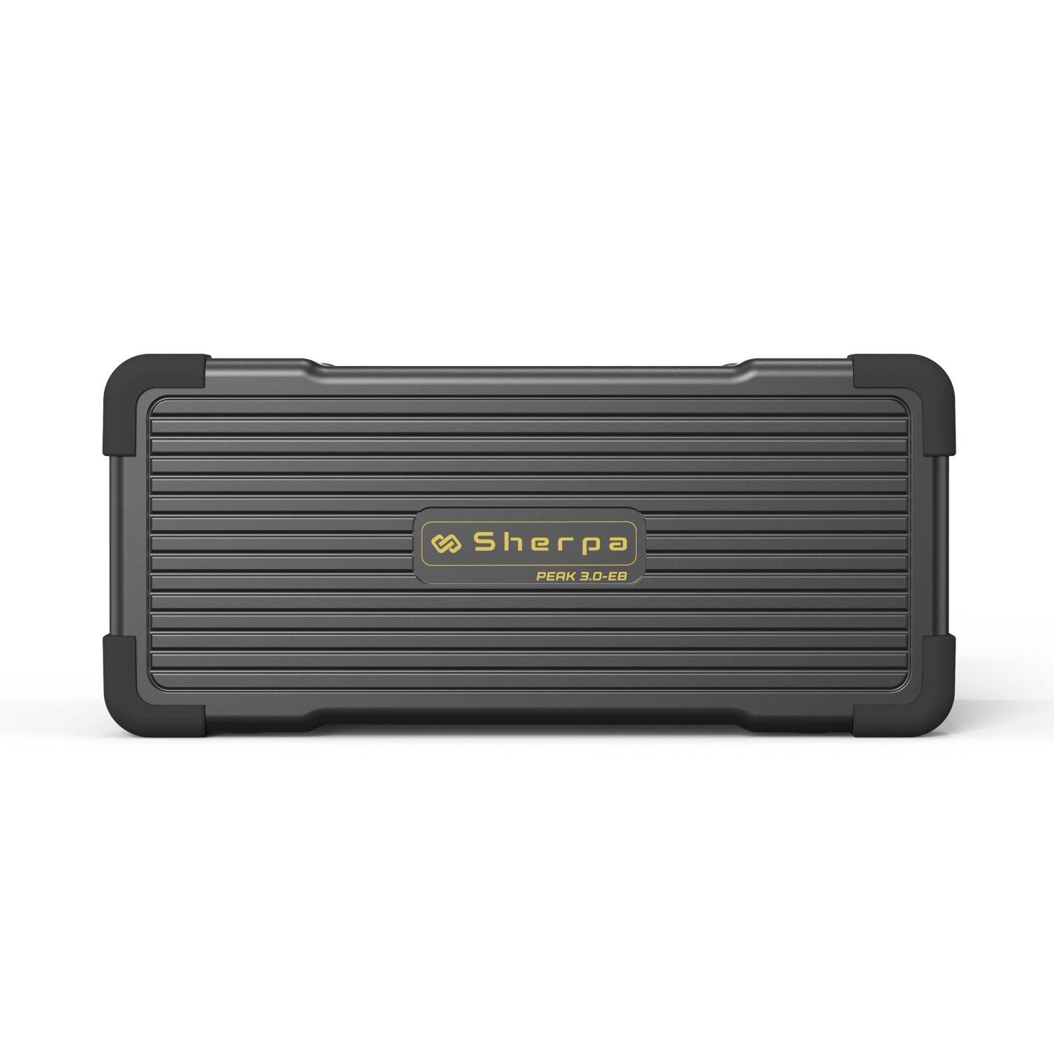 Front view of expansion smart battery unit, featuring tough casing, black corner protectors and central logo in gold