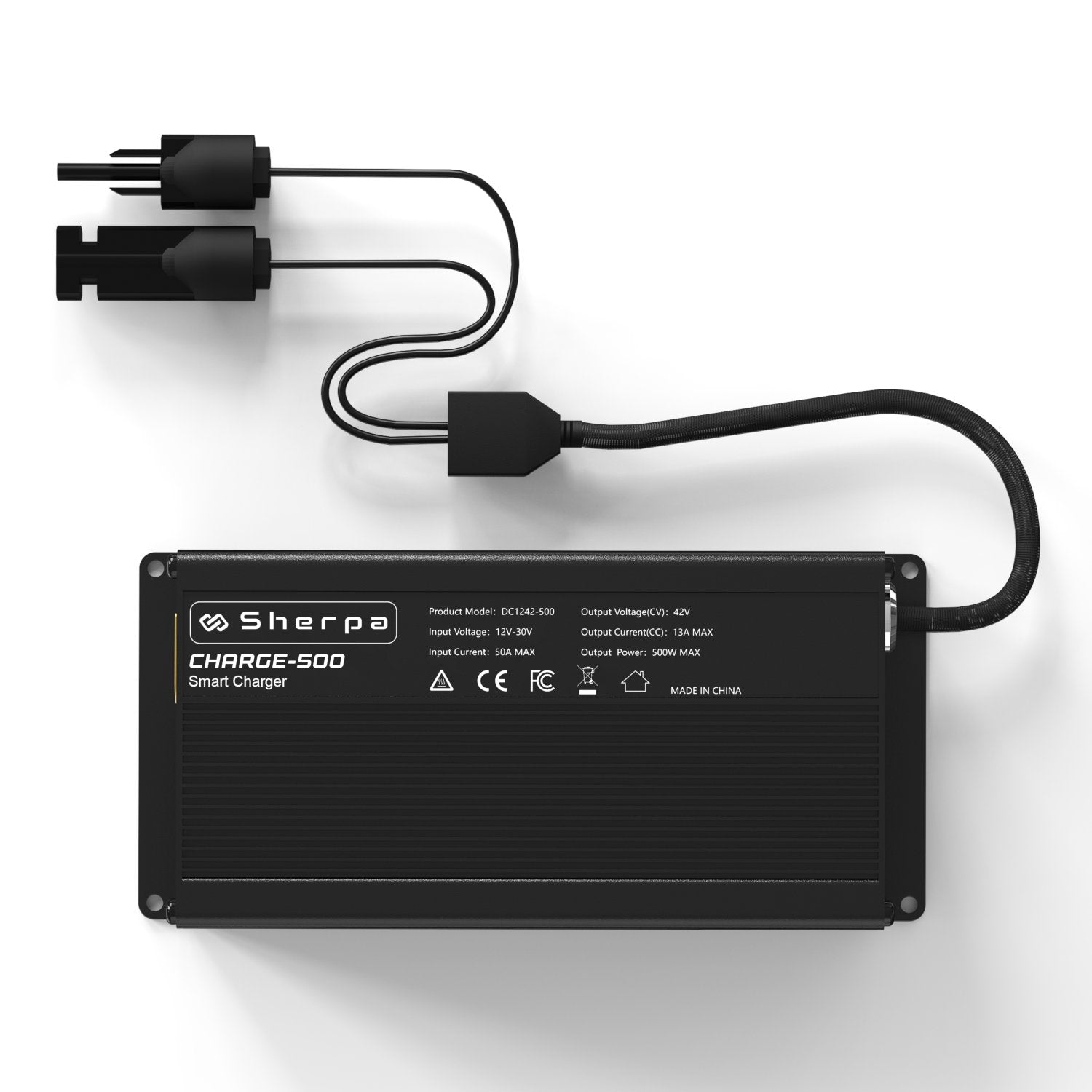 Plan view of smart vehicle charger showing mount holes, certification marks, braided DC output cables and MC4 connectors