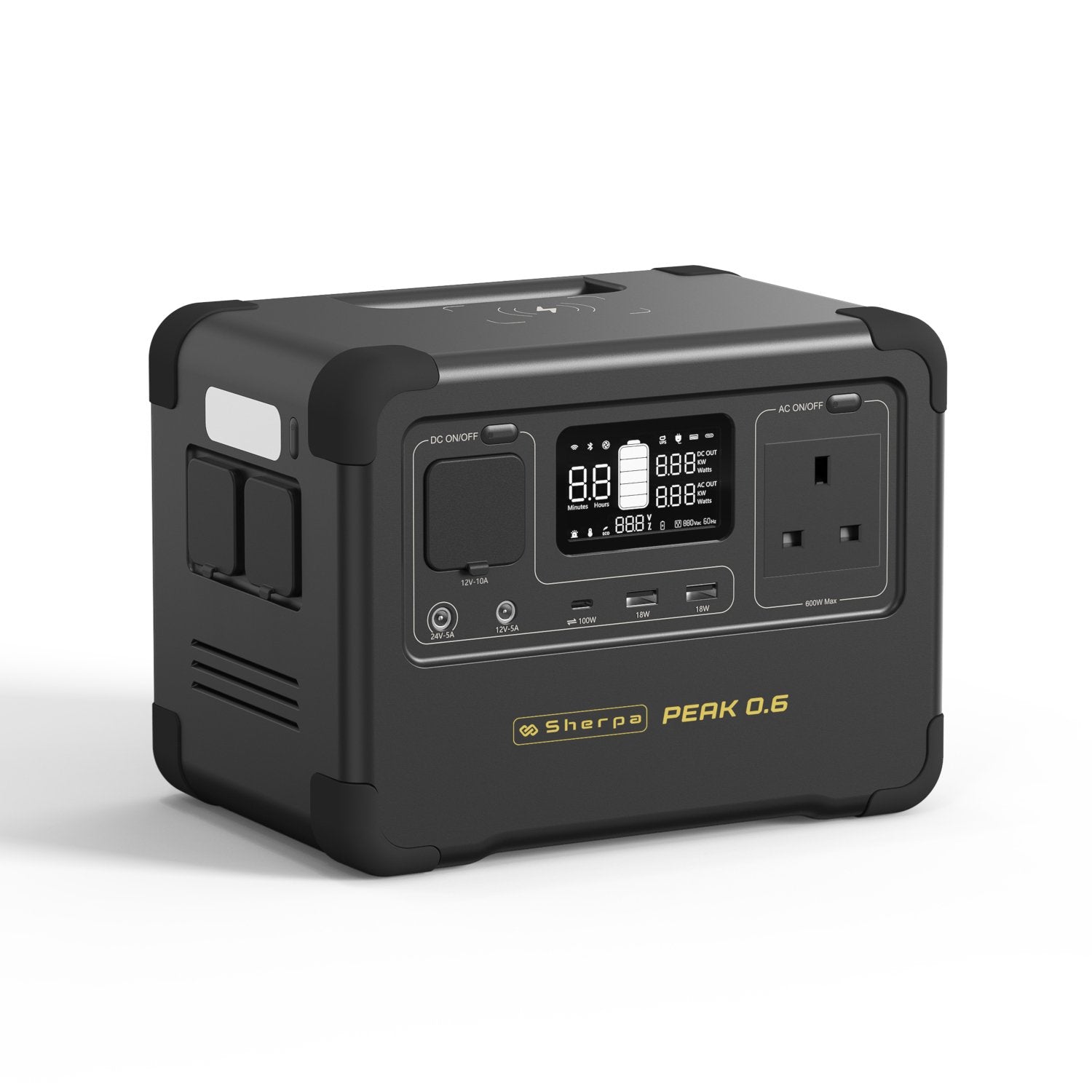 Front-right perspective of mini power inverter unit, featuring AC output, USB, Aux 12V DC and solar input ports