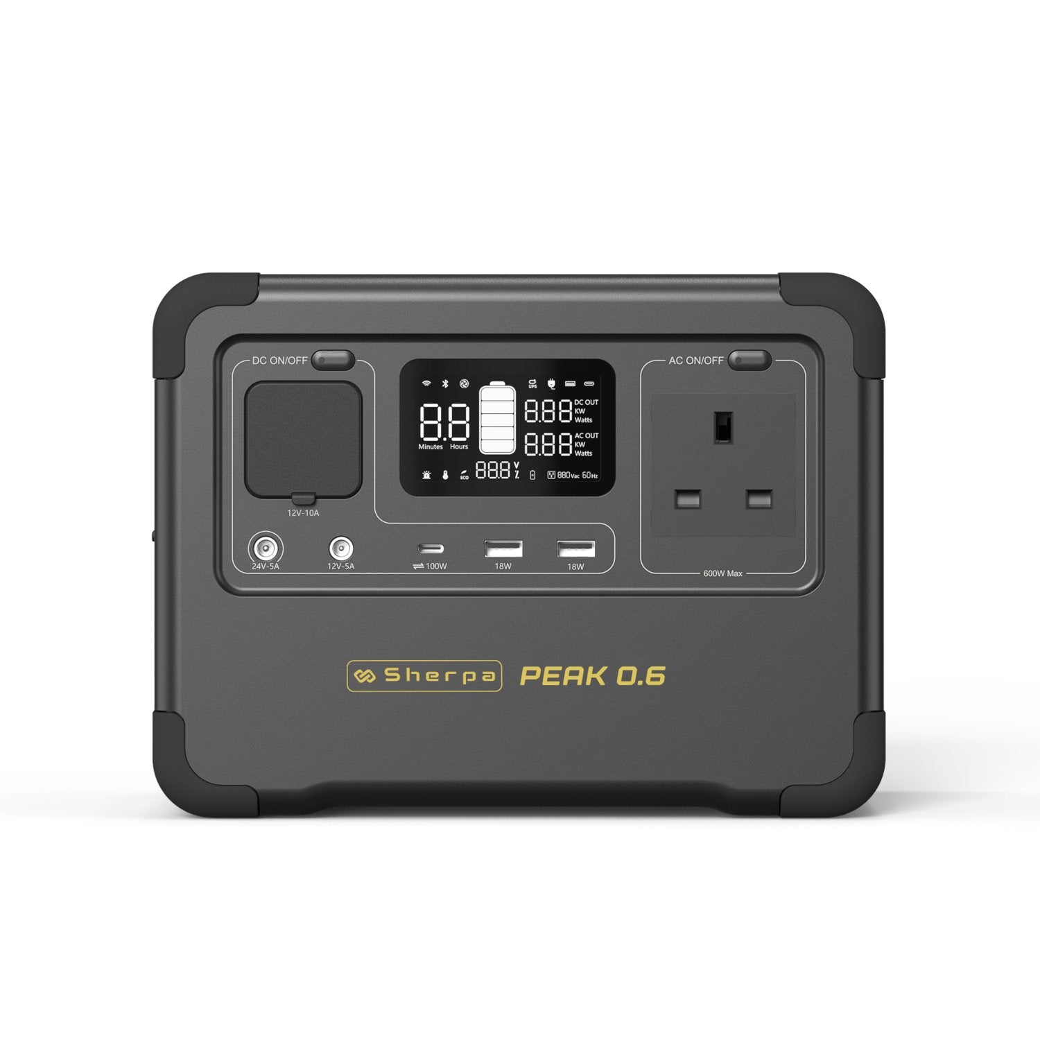 Front view of small portable battery inverter, featuring DC and AC buttons, output ports and black corner protectors