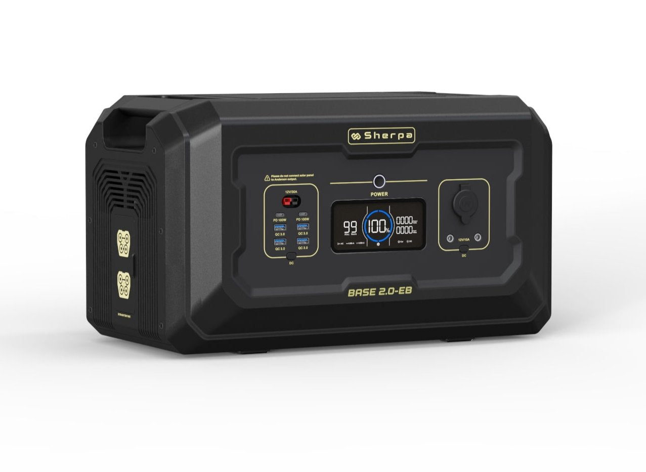 Right front shot of smart battery module in black and gold design featuring expansion ports and DC outputs