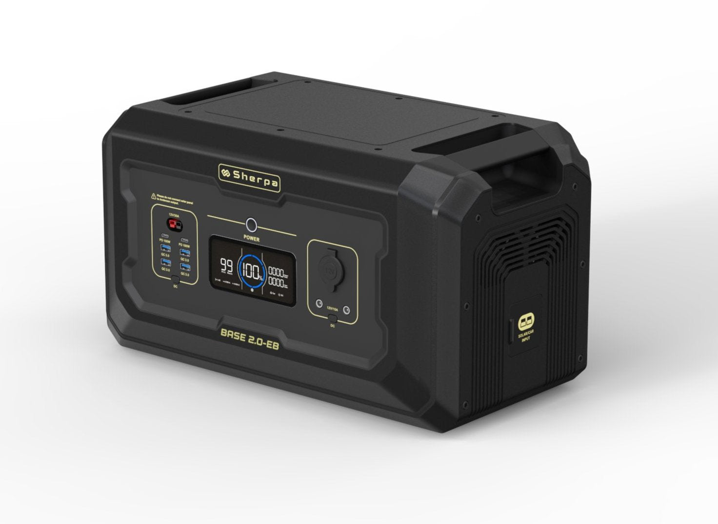 Left front shot of smart battery module in black and gold design featuring solar input port and carry handles