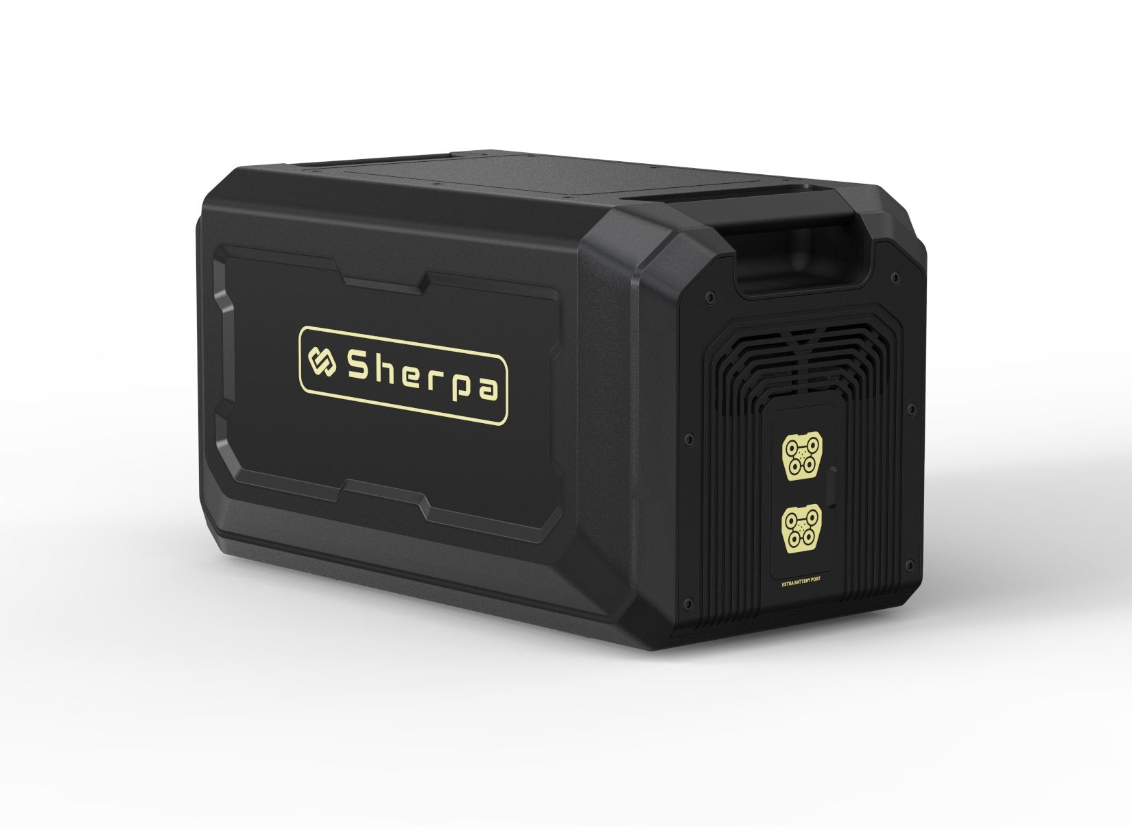 Right rear shot of smart battery module with large gold Sherpa logo, featuring expansion ports for linking to the host