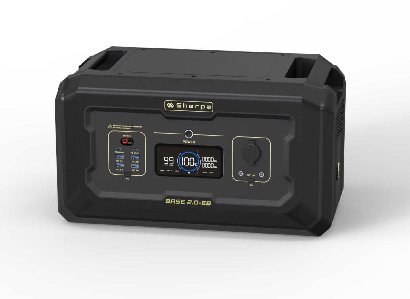 Top front shot of smart battery module in black and gold design featuring carry handles, DC outputs and LED display