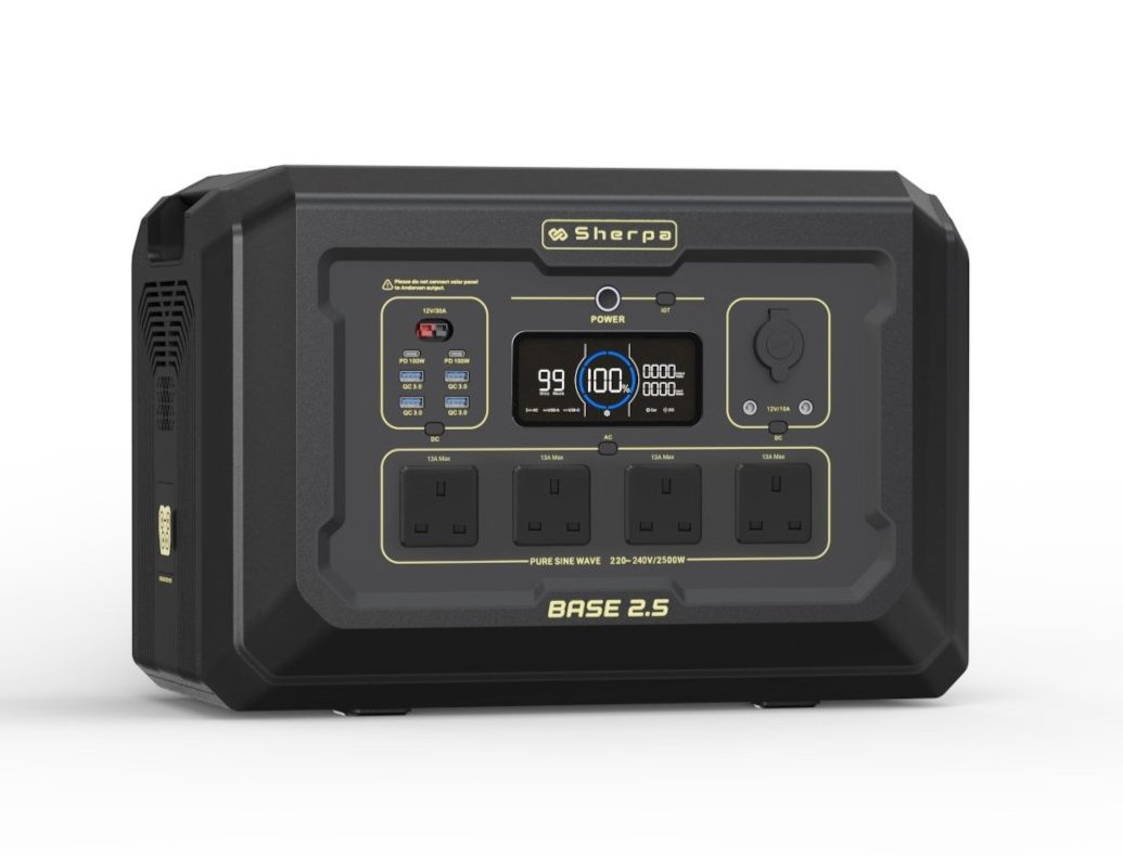 Right front shot of portable power station in black and gold design featuring expansion port, AC and DC outputs