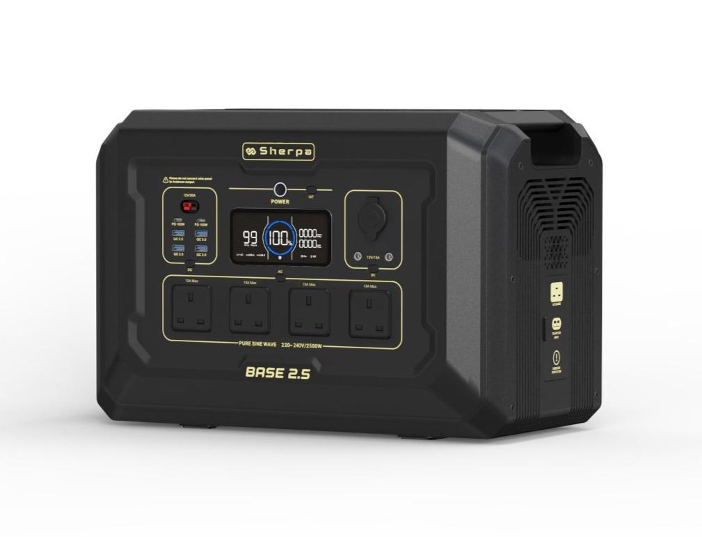 Front left shot of portable power station in black and gold design featuring AC and solar charge port and LED display