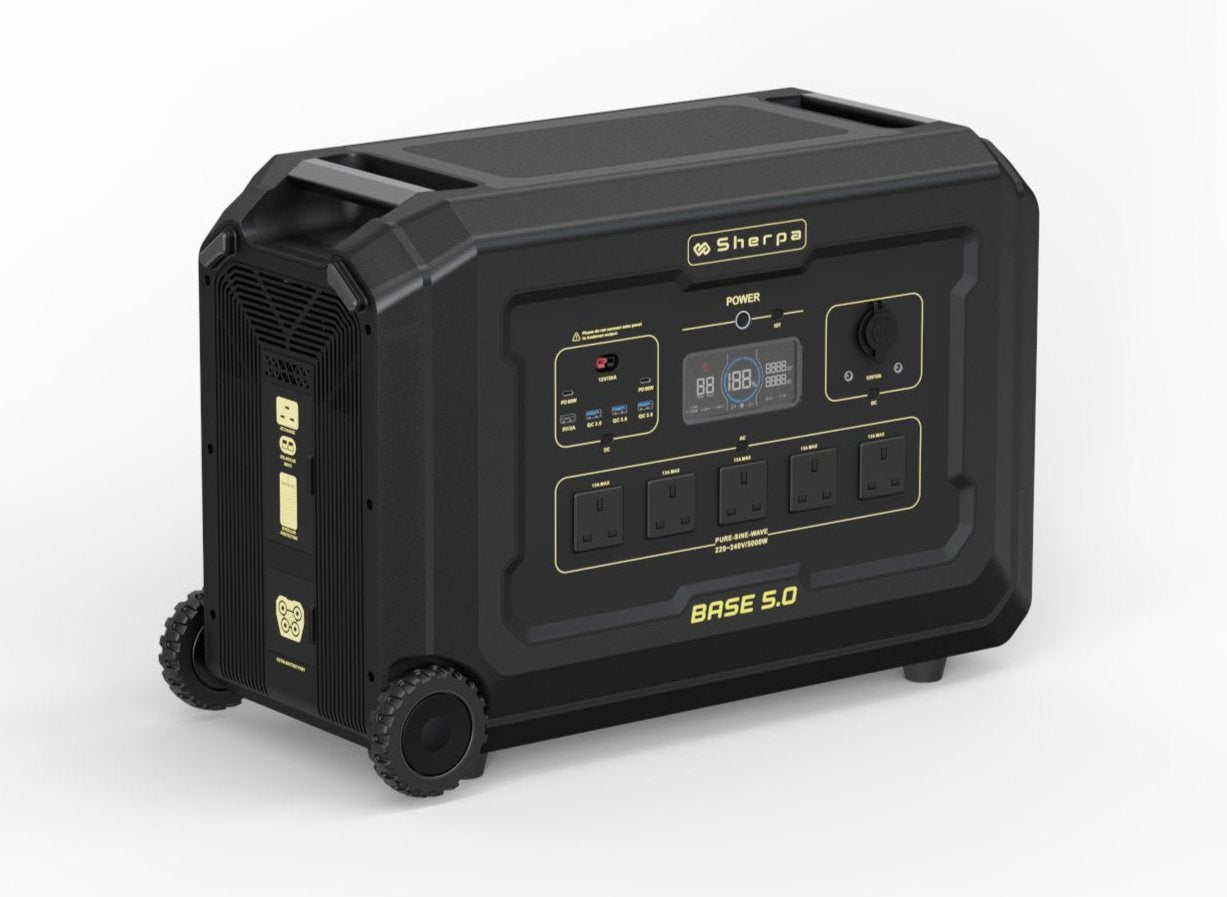 Right front shot of portable power station in black and gold design featuring expansion port, AC and solar inputs