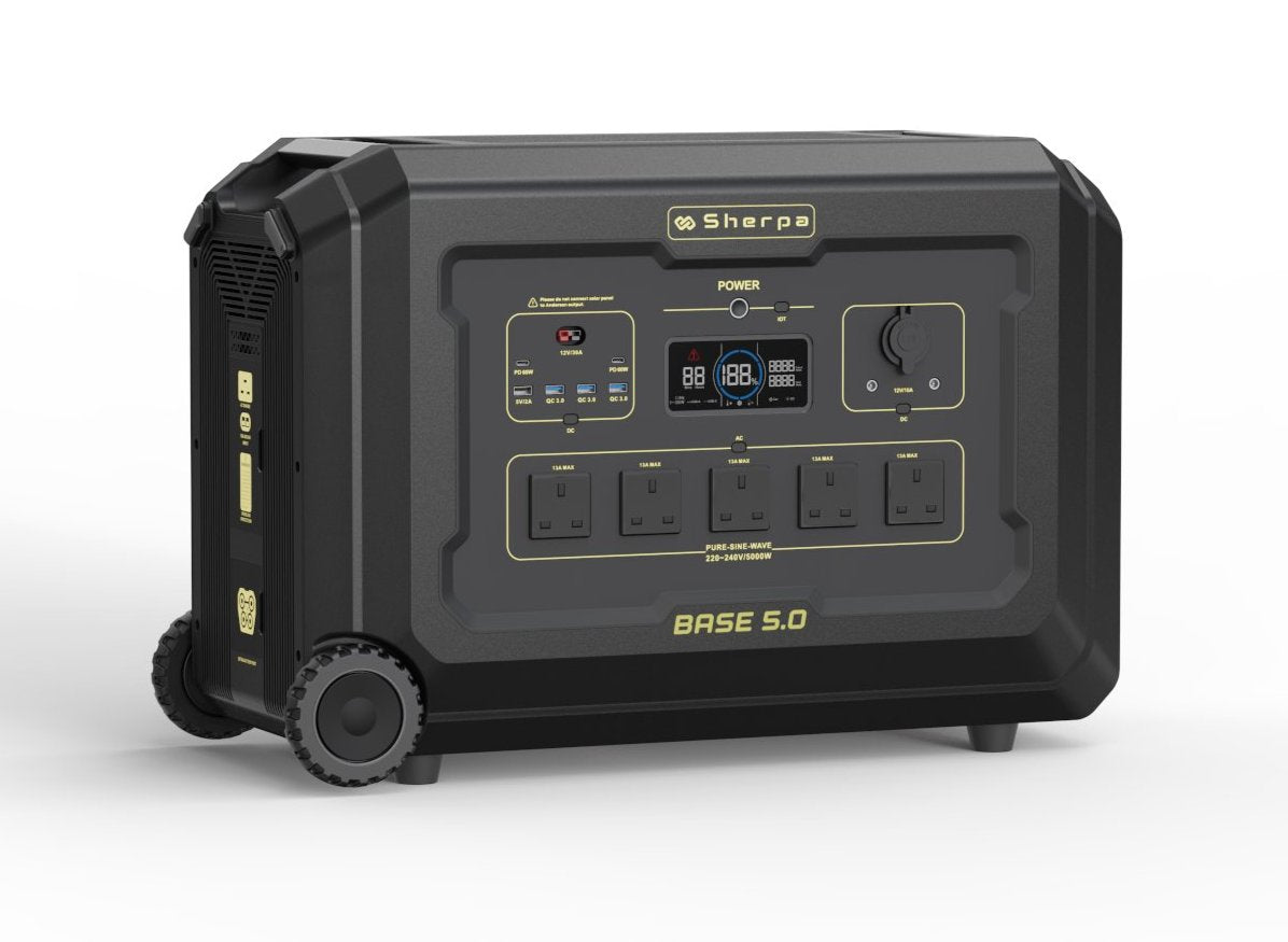 Front view of large portable power system featuring smart LED display, AC and DC output sockets, stands and wheels