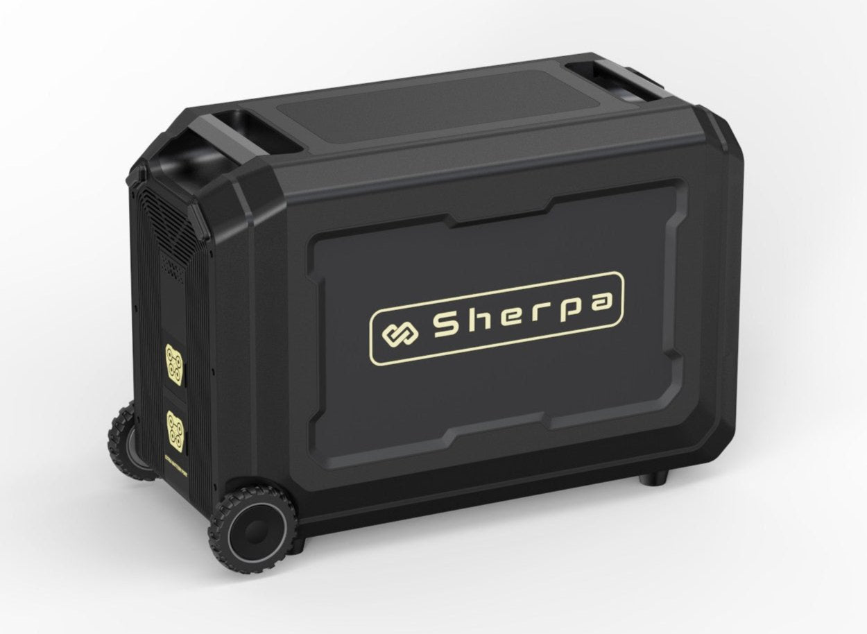 Overhead rear perspective of smart battery module, featuring large Sherpa Power logo, portability wheels and rubber stands