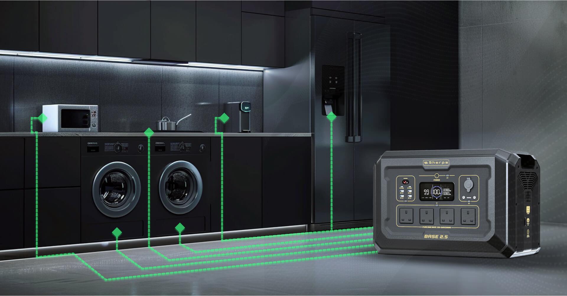 Portable power unit with glowing dotted lines coming from it, indicating power to kitchen appliances in the background