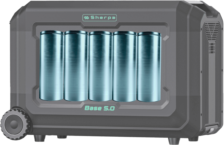 A view of an integrated power unit with a transparent panel to reveal the cylindrical battery cells inside