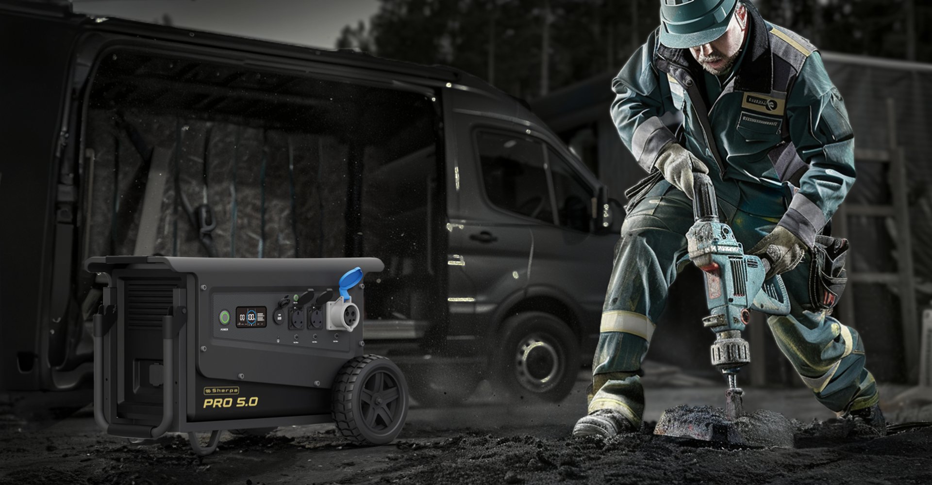 Construction worker breaking rubble with heavy duty power tool next to a weatherproof battery generator on wheels