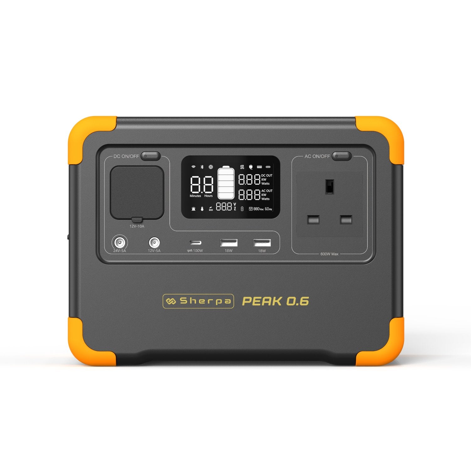 Front view of portable power station, featuring DC and AC buttons, output ports, LCD display and orange corner protectors