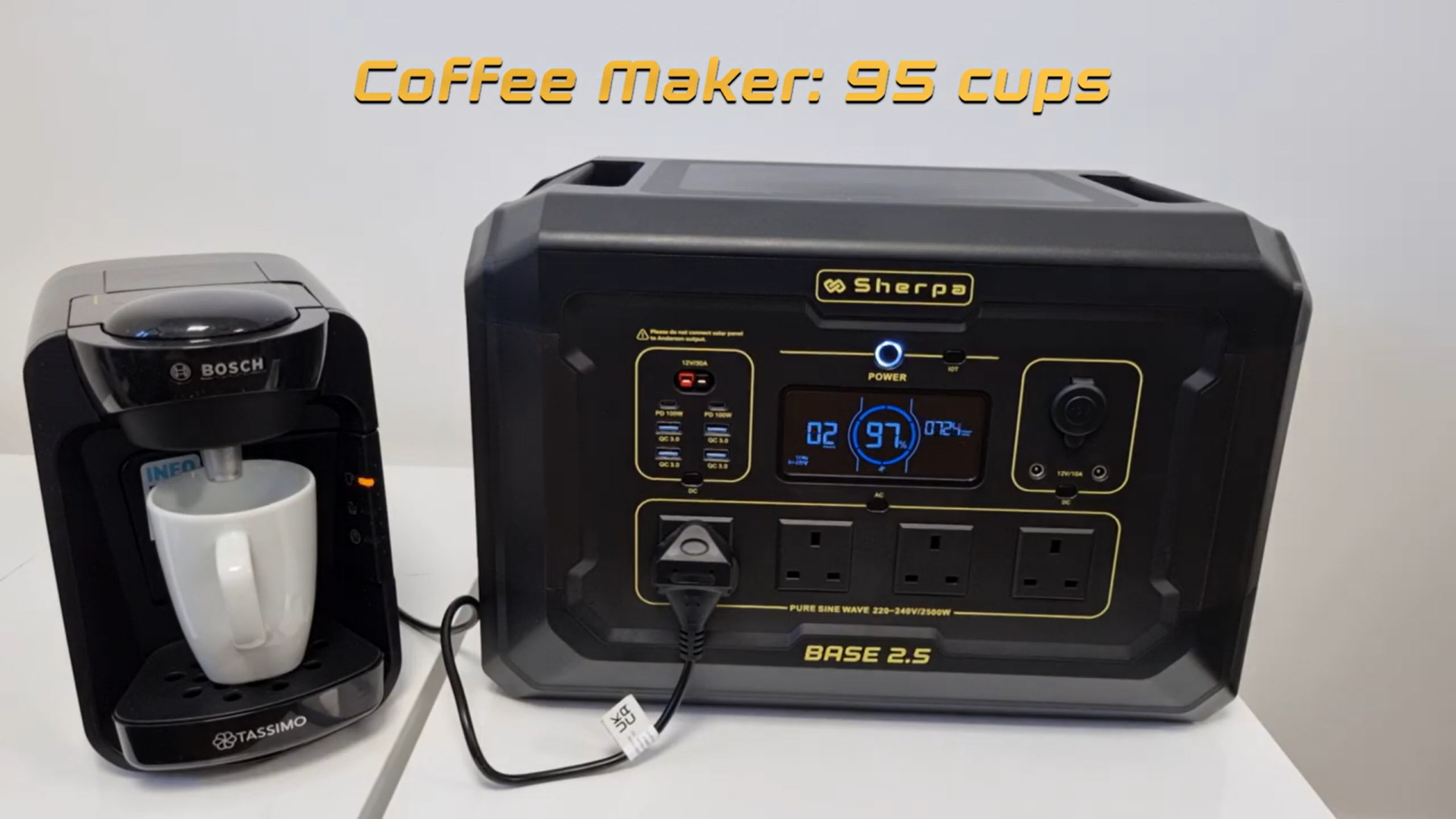 Still image showing the Sherpa battery pack powering a coffee machine