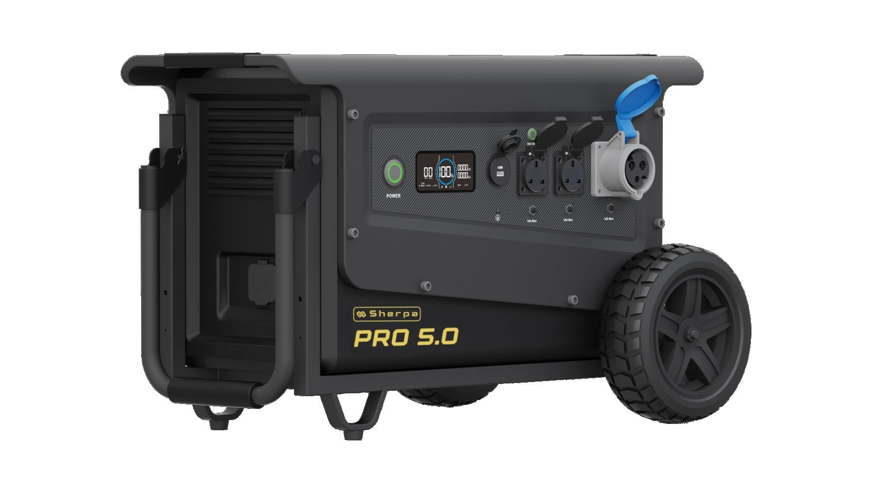 Front left view of outdoor electric battery generator featuring CEE form and AC outputs, pull handle and mobility wheels